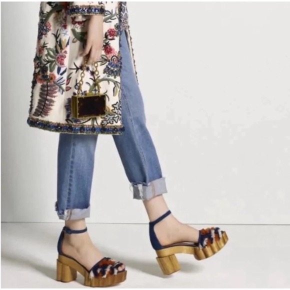 New! Tory Burch Alma Platform Wooden Block Heels Sz 6.5 $595‎